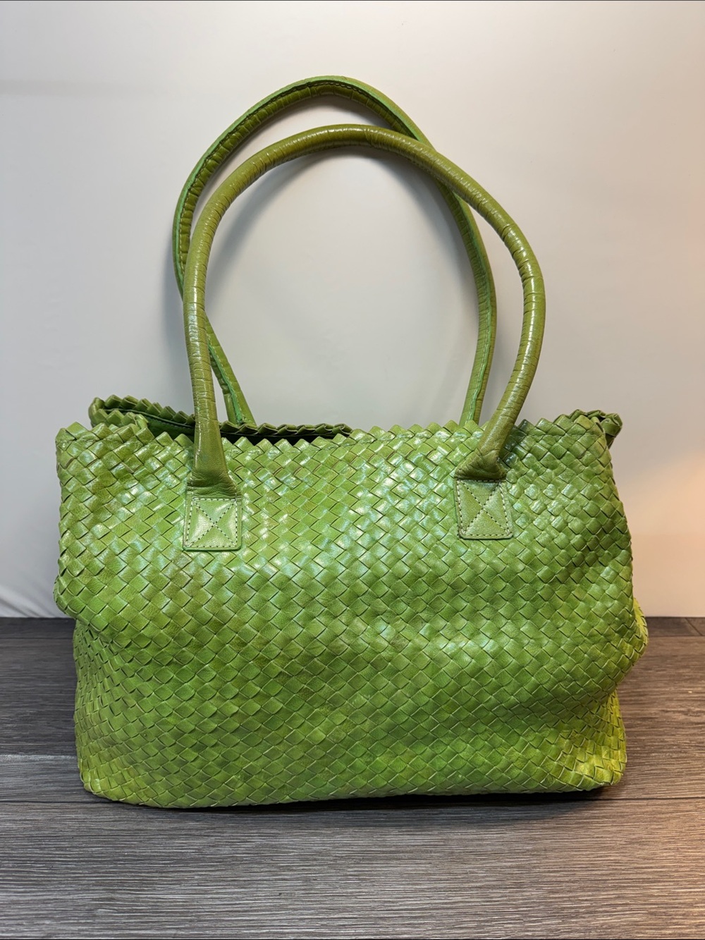 Pons Quintana Lime Green Woven Leather Shoulder Bag